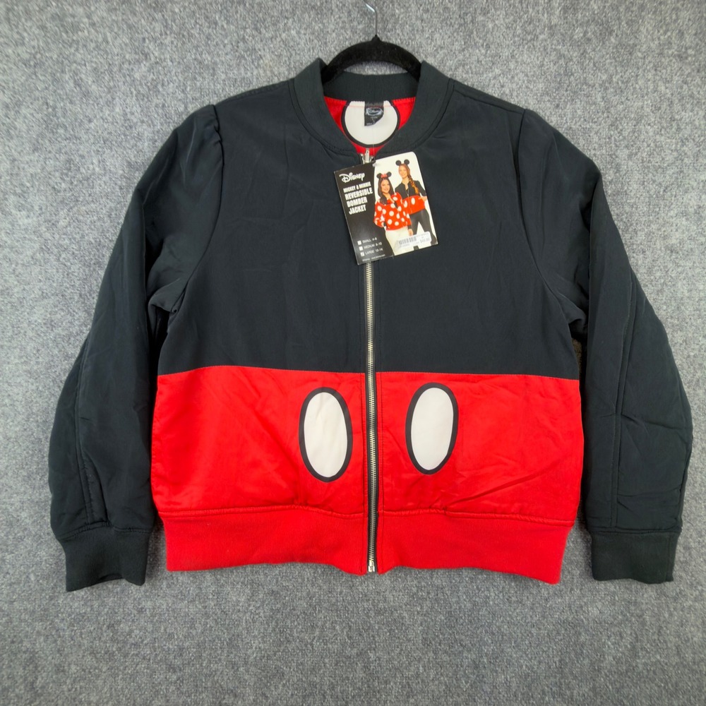Disney Mickey Minnie Mouse Reversible Bomber Jacket Black Red Polka Dot Large